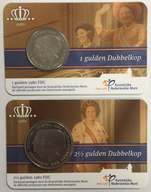 Dubbelkop 1980 Kroningsgulden & Kroningsrijksdaalder 2013 coincard